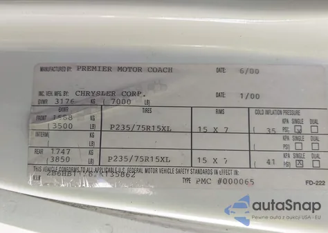 2000 Dodge Ram Van 1500 Conversion z USA, uszkodzony, nr VIN 2B6HB11Y6YK135862